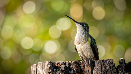 Fototapeta premium Hummingbird bird nature wildlife perched long billed green brown bokeh sunlight peaceful forest animal feather small delicate outdoor summer wild natural tropical avian beak tree stump woodland