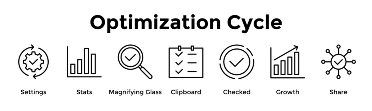 Optimization Cycle Banner Web Icon Vector Illustration Concept For Settings, Stats, Magnifying Glass, Clipboard, Checked, Growth, Share