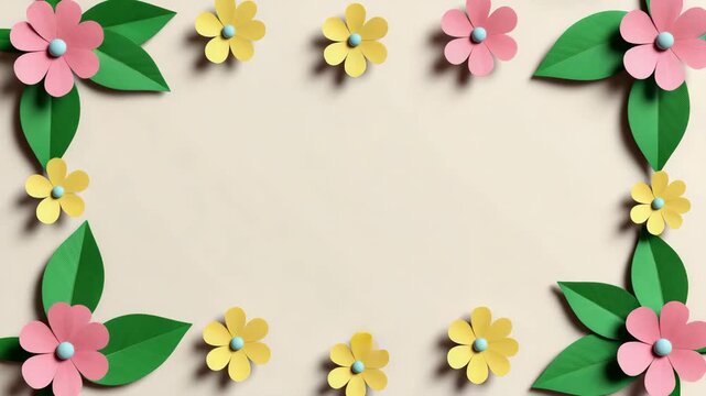 Beautiful floral frame design featuring pink and yellow frangipani blossoms with summer leaves and spring daisy ornaments for Mother's Day celebrations decorative bouquet