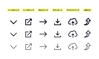 ミッドナイトネイビーのオックスフォードブルーで描かれた、カナリアイエローのラベル付きUIアイコンセット。ページ内リンク、ページ外リンク、次のステップ、ダウンロード、クラウドにアップ、共有するの6種類を3種類の線幅（太・中・細）で展開