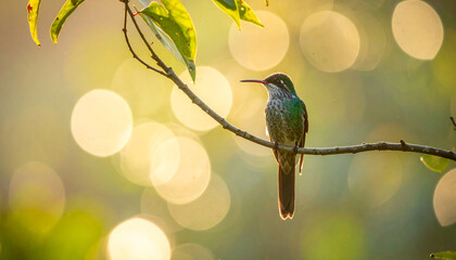 Fototapeta premium Hummingbird perched on branch with green feathers, long bill, and soft sunlight bokeh background, peaceful and serene nature scene