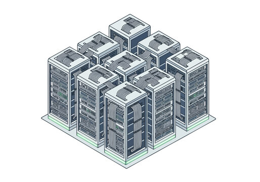 Isometric view of multiple server racks arranged in a 3x3 grid, representing data center infrastructure