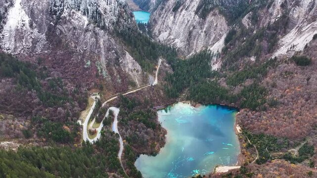 Aerial view of crystal blue lake at Sichuan Jiuzhaigou in autumn