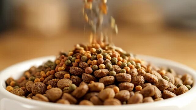 Dry pet food is poured into a white ceramic bowl. The kibble fills the dish, ready for a hungry animal.