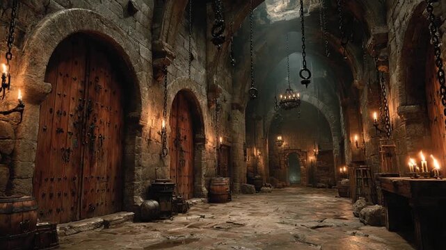 Dimly Lit Medieval Dungeon with Wooden Doors and Torches
