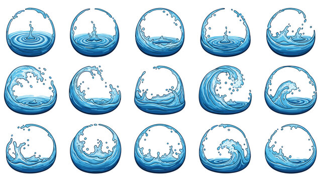 Sequential set of blue water splash and wave animation frames contained within several circular transparent glass bubble shapes.