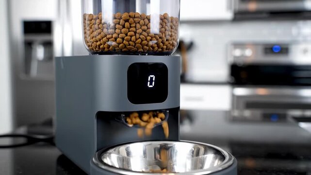 A smart pet feeder dispenses dry kibble into a shiny metal bowl. The digital display counts down, then shows "COMPLETE" after feeding.