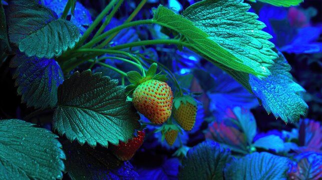 Lush Strawberry Plant with Glossy Leaves Under Soft Blue Light, Showing Ripe and Unripe Fruits in a Well-Cared Garden Setting