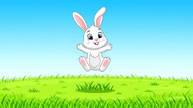 Cute Cartoon Rabbit Hops and Jumps on Green Grass Field Animation