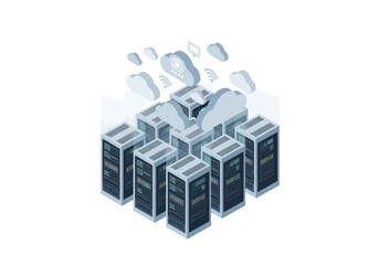 Isometric cloud computing server room with data storage and network infrastructure visualization