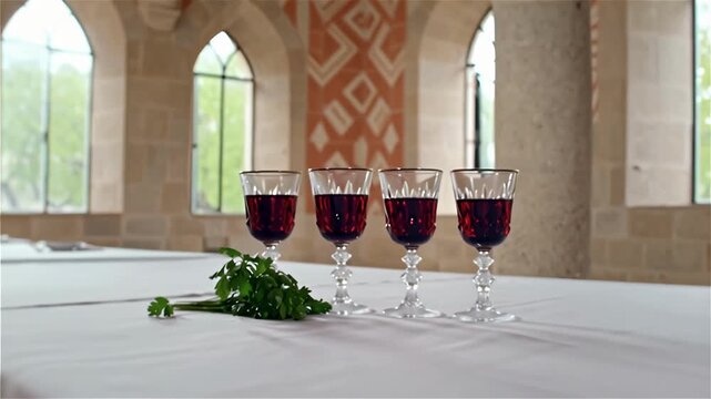 Hand placing fresh parsley on a white tablecloth next to red wine glasses in a historic hall for a traditional Passover Seder concept