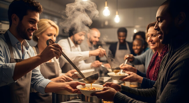 A group of smiling men and women in aprons using ladles to serve hot bowls of vegetable soup to a line of people indoors