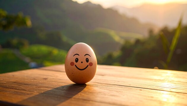 Smiling egg character rests on a wooden table, with a blurred green landscape and golden sunrise in the background