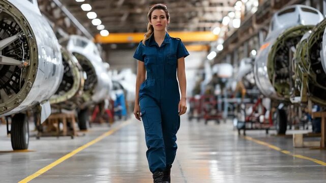 An industrious woman in a blue jumpsuit walks confidently through a bustling aircraft maintenance facility, showcasing determination and skill in her technical work environment.