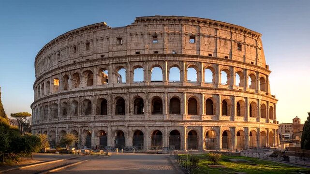 Ancient Roman Colosseum at Sunset with Tourists