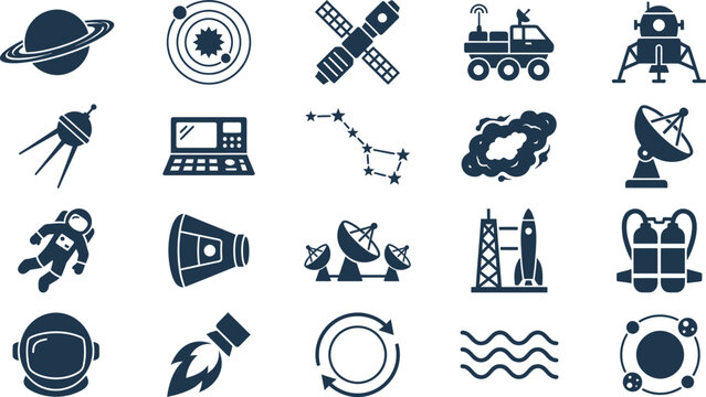 A comprehensive collection of dark blue space and astronomy-themed vector icons.