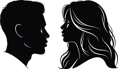 Man and woman face to face silhouette vector illustration, black and white couple profile portrait isolated on white background © MstFatema