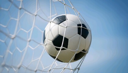 Close-up of a soccer ball stuck in the net after scoring a goal against a clear blue sky