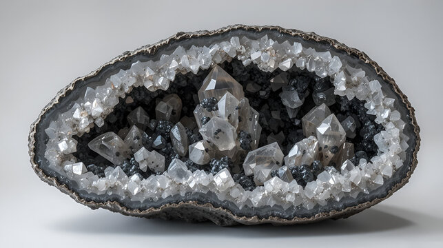 Black morion and clear quartz crystals inside a geode formation isolated on a transparent background