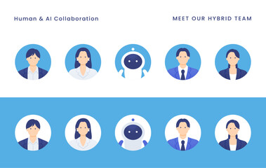 人間とAIの協働。清潔感のあるビジネスチームのプロフィールアイコンセット。