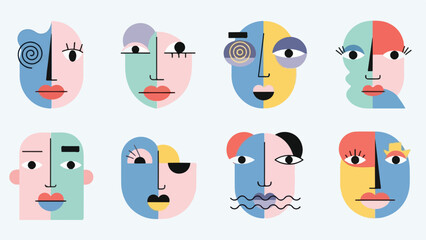 Fototapeta premium Eight stylized faces composed of colorful geometric shapes