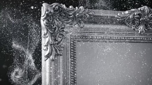 Ornate silver frame with sparkling light effects on a dark background