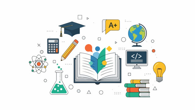 Educational vector illustration with assorted elements, depicting learning