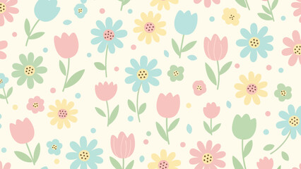 Charming Pastel Floral Pattern with Blooming Flowers and Delicate Leaves