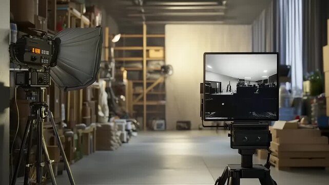 Filming setup in a studio with camera and monitor.