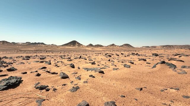 Low angle panorama of volcanic black basalt stones in the sand in the desert