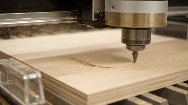 A CNC machine precisely carves an intricate pattern into a wooden board. Automated woodworking creates beautiful, detailed designs with modern technology.