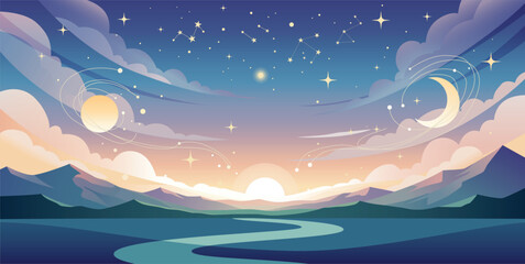 Beautiful fantasy landscape with mountains, river and starry sky with crescent moon and planets at dawn © กฤษฎา ทองชู