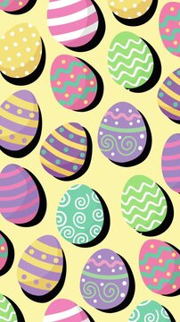 Seamless pattern of bright decorated Easter eggs with stripes, dots and swirls on soft yellow background. Cheerful spring holiday theme perfect for festive greeting or seasonal promotion.