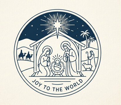 Joy to the world nativity scene emblem in circular line art style