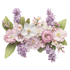 Fototapeta premium Beautiful bouquet of pink white and purple flowers with green leaves on transparent background transparent background