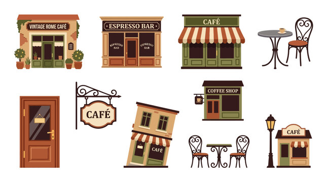 Collection of charming cafe storefronts, outdoor seating areas, and architectural elements, evoking a cozy and inviting atmosphere for coffee lovers.