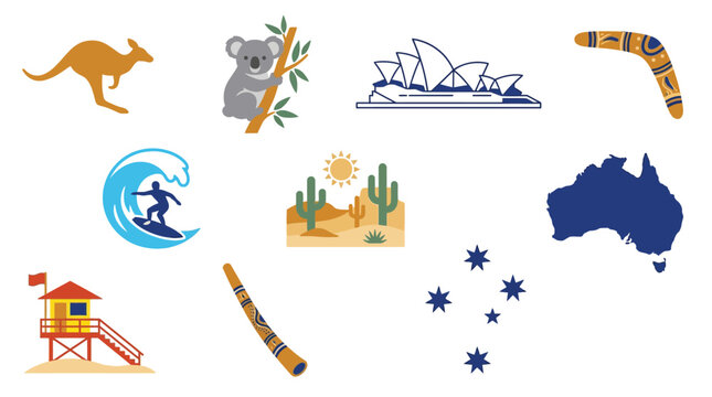 A vibrant collection of iconic Australian symbols and imagery, including a kangaroo, koala, Sydney Opera House, boomerang, surfer, desert landscape, didgeridoo, and the Southern Cross constellation.