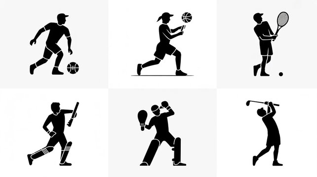 A 2x3 Grid of Black Silhouette Sports Icons Featuring Soccer, Basketball, Tennis, Cricket, Table Tennis and Golf Players
