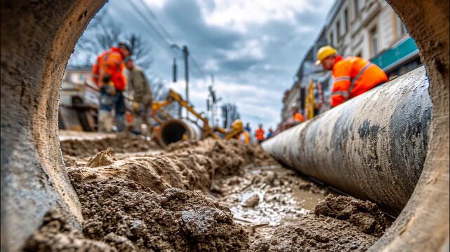 Workers laying new water pipes in construction site under cloudy sky  