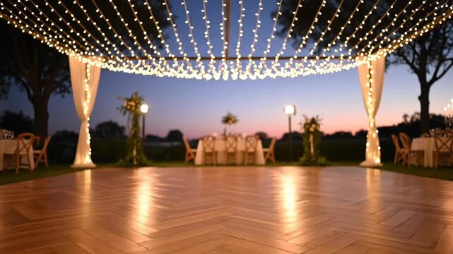 An elegant outdoor wedding reception with a beautiful dance floor. Twinkling string lights create a magical and romantic evening ambiance.
