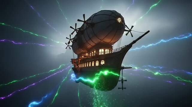 Futuristic Airship Sailing Through Stormy Night Sky.
