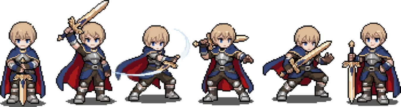 pixel art hero sprites of a blonde paladin knight in blue cape and silver armor.