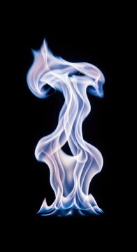 Intense and dramatic burst of chemical fire showing hot blue and vibrant violet flames isolated against a deep black background, gas, intense, mystical
