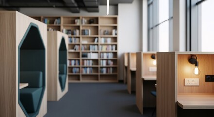 Obraz premium Modern library workspace with study booths and bookshelves