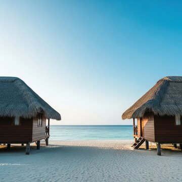 Traditional wooden huts with thatched roofs sitting peacefully on a pristine sandy beach under a clear blue sky, overlooking the turquoise ocean water, water, destination, turquoise