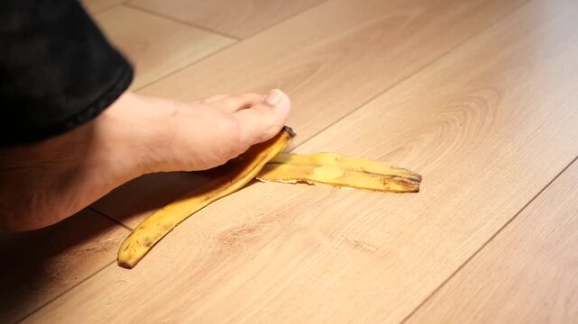 Close up shot of person stepping on banana skin and slipping on wooden floor