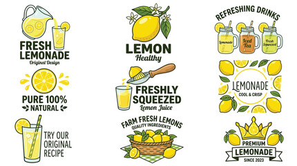 Fresh Lemonade and Lemon Drinks Collection Natural Healthy Beverage Icons