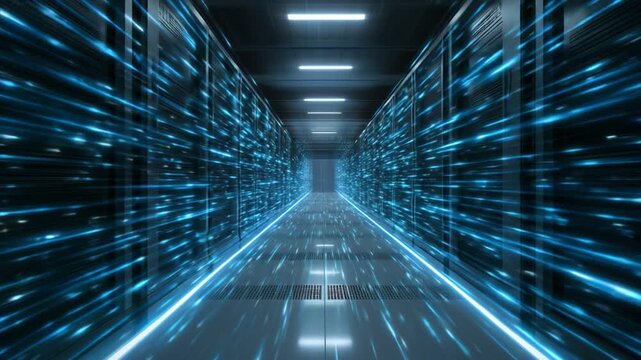 Futuristic data center corridor illuminated by glowing blue lights, showcasing high-speed data flow. A symbolic representation of advanced technology and digital transformation.