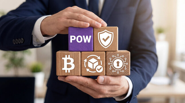 Concept of POW Proof Of Work. POW transaction computing blockchain algorithm. 