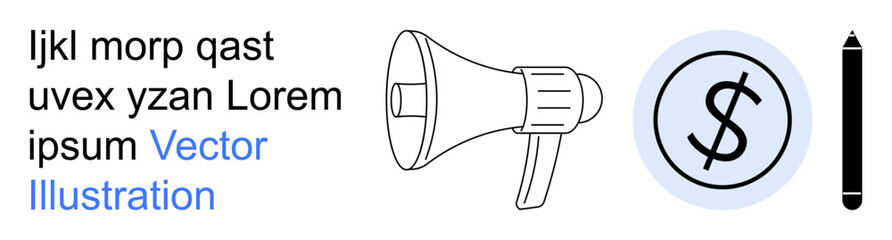 Obraz premium Advertising, business finance, creative tools, marketing strategies, financial planning, and graphic design. A megaphone, dollar symbol and pencil. Advertising and business finance concept